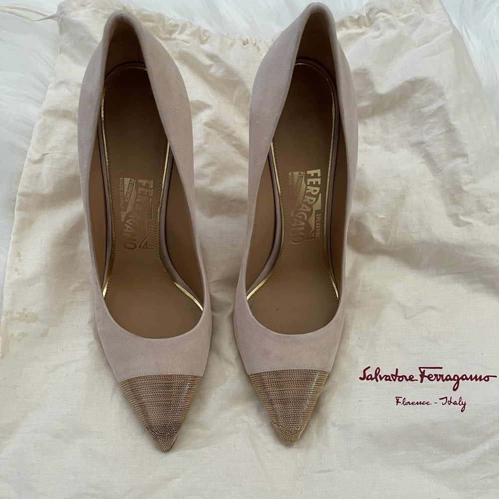 Salvatore Ferragamo suede chain cap toe pumps